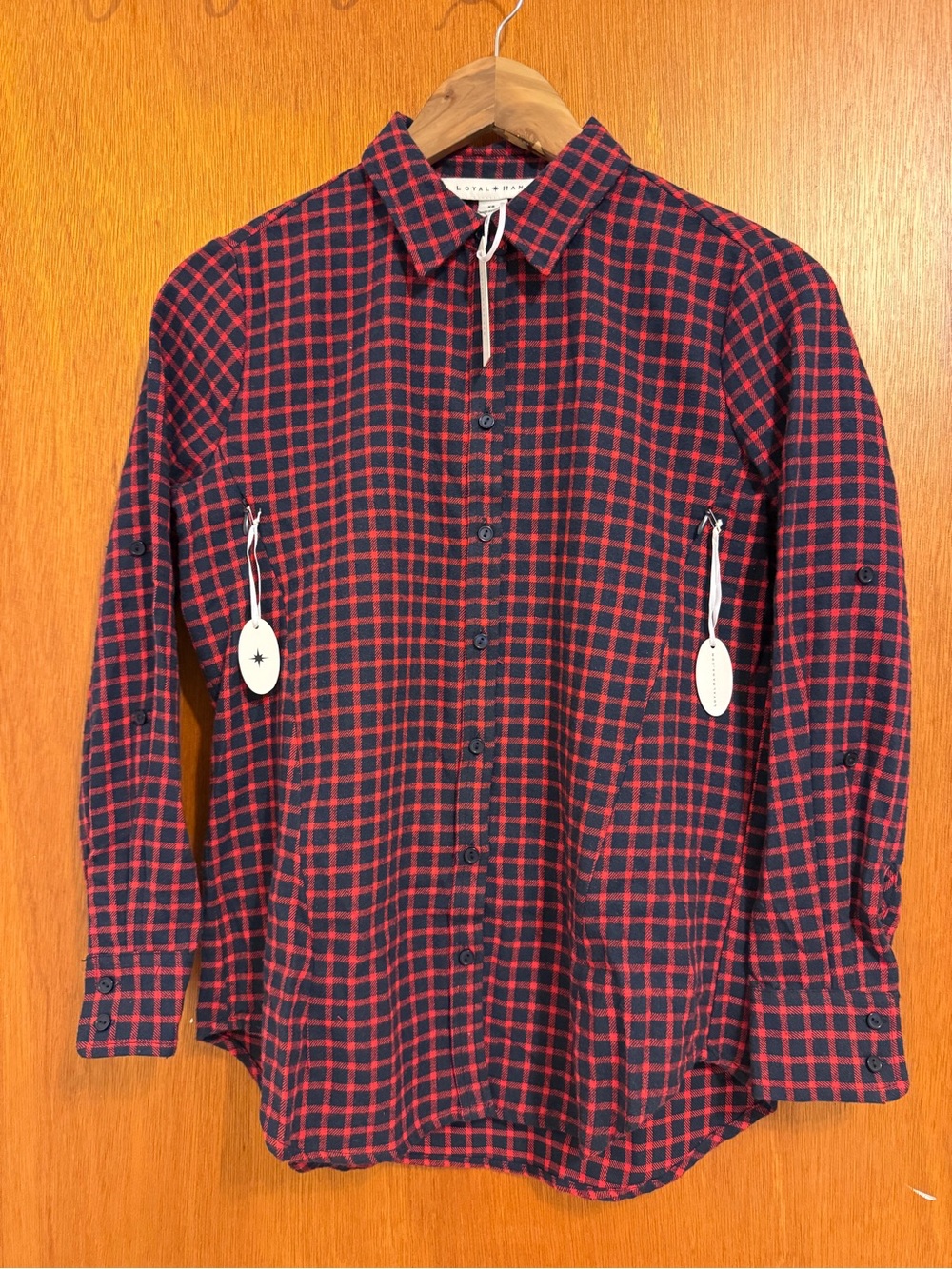 Women's Red and Navy Checked Button-Up Blouse